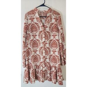 Revolution Damask‎ Print Ruffle Hem Mini Dress Rust Orange Cream Size L